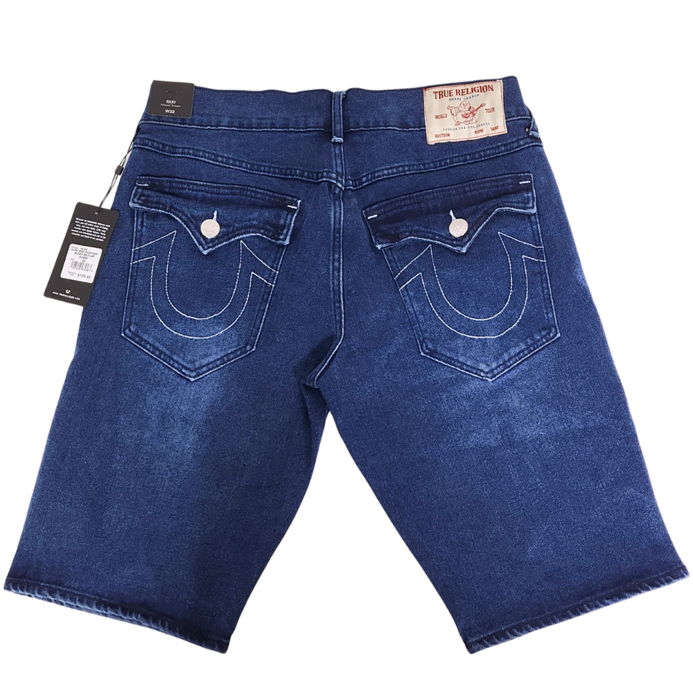 New True Religion Ricky SN Flap Shorts (32") Men Dark Lagoon Wash Denim Relaxed